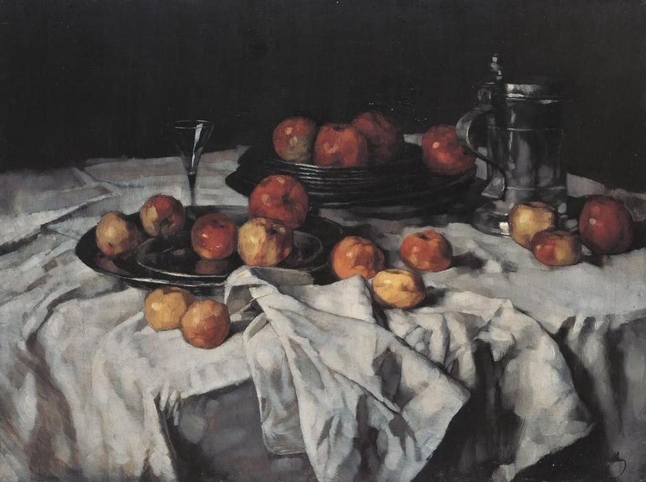 Wikioo.org - The Encyclopedia of Fine Arts - Painting, Artwork by Carl Eduard Schuch - Still life with apples, a pewter jug ??and a wine glass