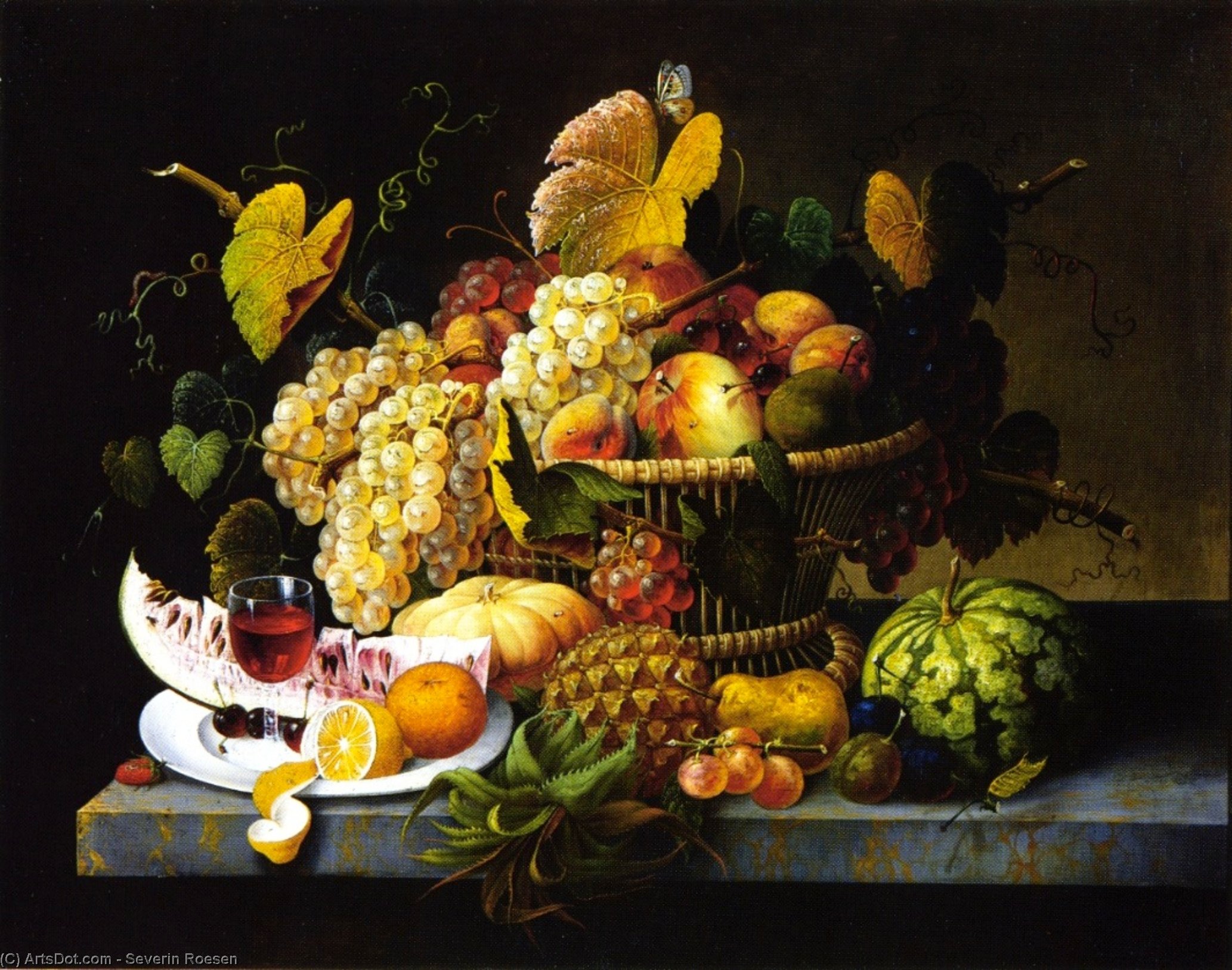 Wikioo.org - The Encyclopedia of Fine Arts - Painting, Artwork by Severin Roesen - Still Life with Basket of Fruit