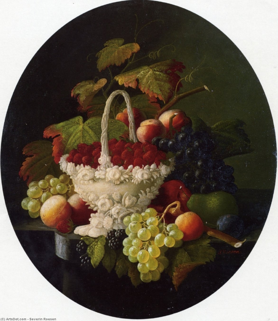 Wikioo.org - The Encyclopedia of Fine Arts - Painting, Artwork by Severin Roesen - Still Life with Basket of Strawberries
