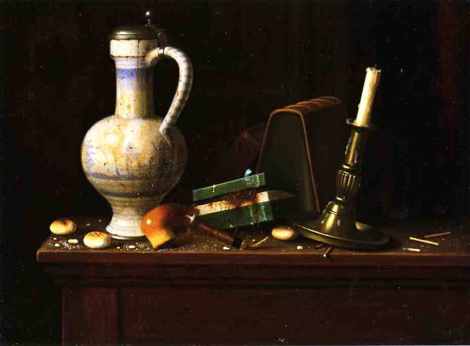 Wikioo.org - The Encyclopedia of Fine Arts - Painting, Artwork by William Michael Harnett - Still Life with Blue and White Pitcher, Tobacco Case and Pipe