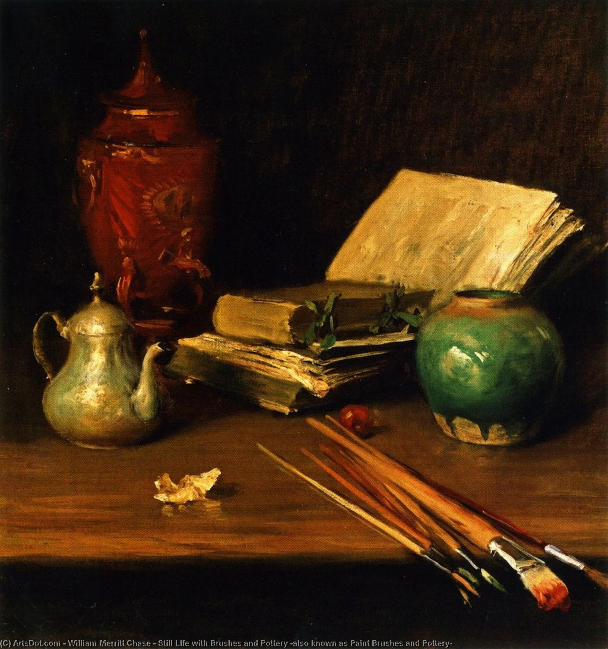 WikiOO.org - Encyclopedia of Fine Arts - Målning, konstverk William Merritt Chase - Still LIfe with Brushes and Pottery (also known as Paint Brushes and Pottery)