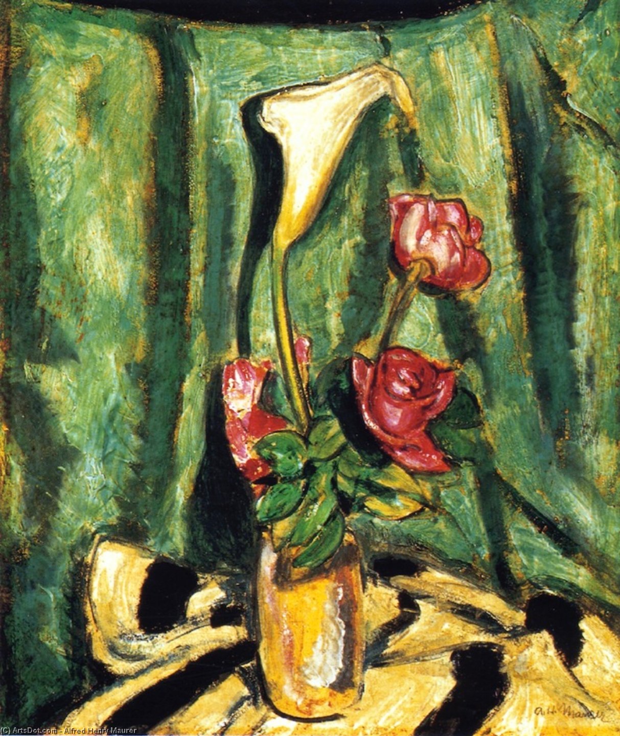 Wikioo.org - The Encyclopedia of Fine Arts - Painting, Artwork by Alfred Henry Maurer - Still LIfe with Calla Lily and Roses