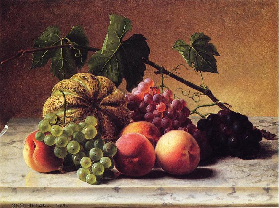 WikiOO.org - Encyclopedia of Fine Arts - Maľba, Artwork George Hetzel - Still Life with Cantaloupe, Grapes and Peaches