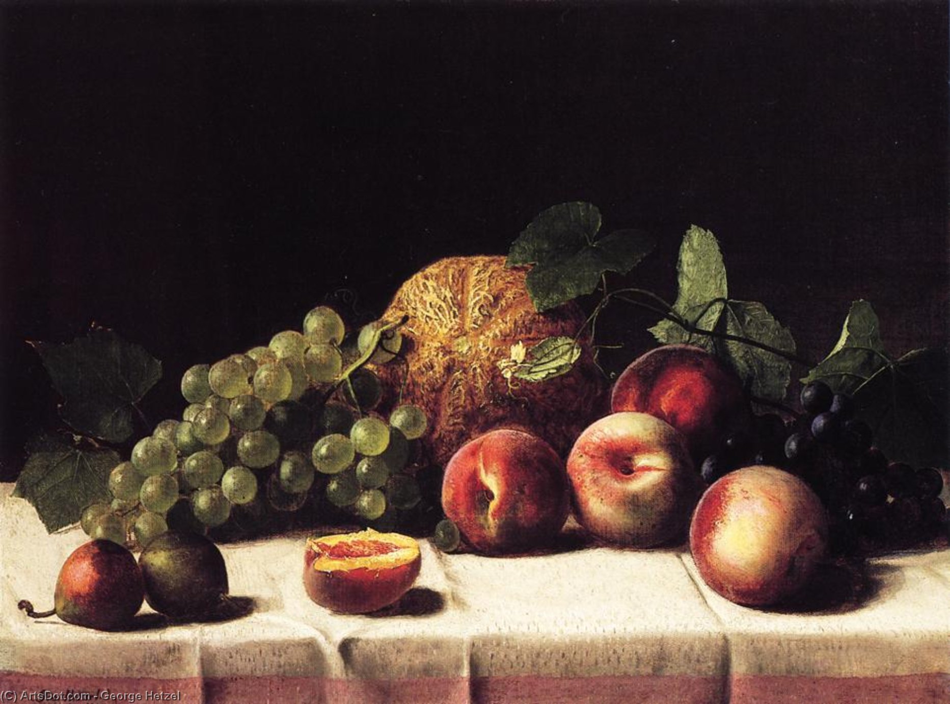Wikioo.org - The Encyclopedia of Fine Arts - Painting, Artwork by George Hetzel - Still Life with Cantaloupe, Peaches and Grapes