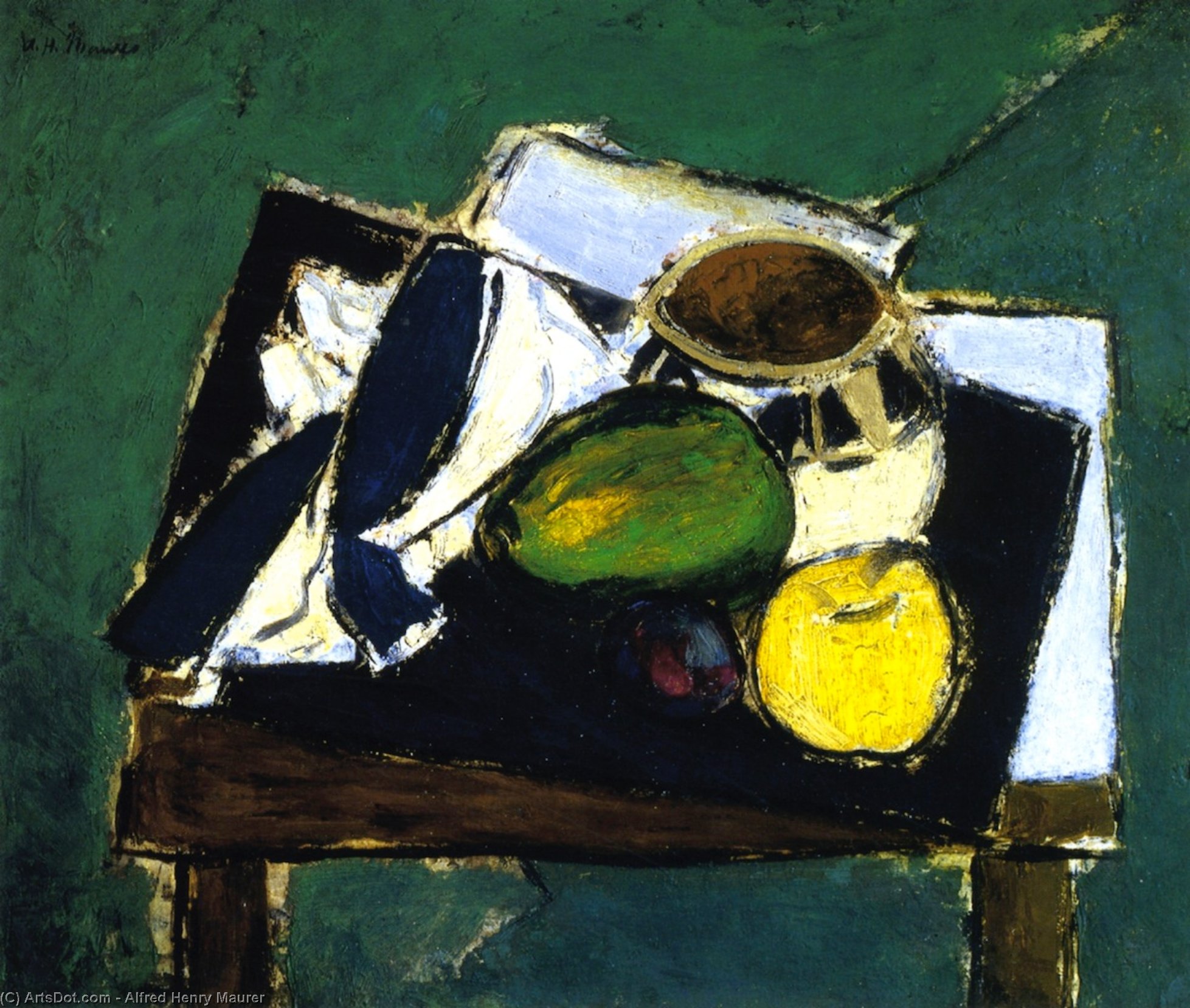 Wikioo.org - The Encyclopedia of Fine Arts - Painting, Artwork by Alfred Henry Maurer - Still Life with Ceramic Bowl on Green Background