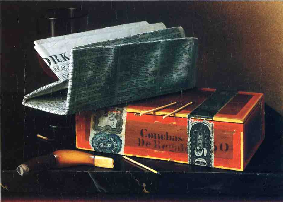 Wikioo.org - The Encyclopedia of Fine Arts - Painting, Artwork by William Michael Harnett - Still Life with Cigar, Pipe, New York Herald and Wiine Glass