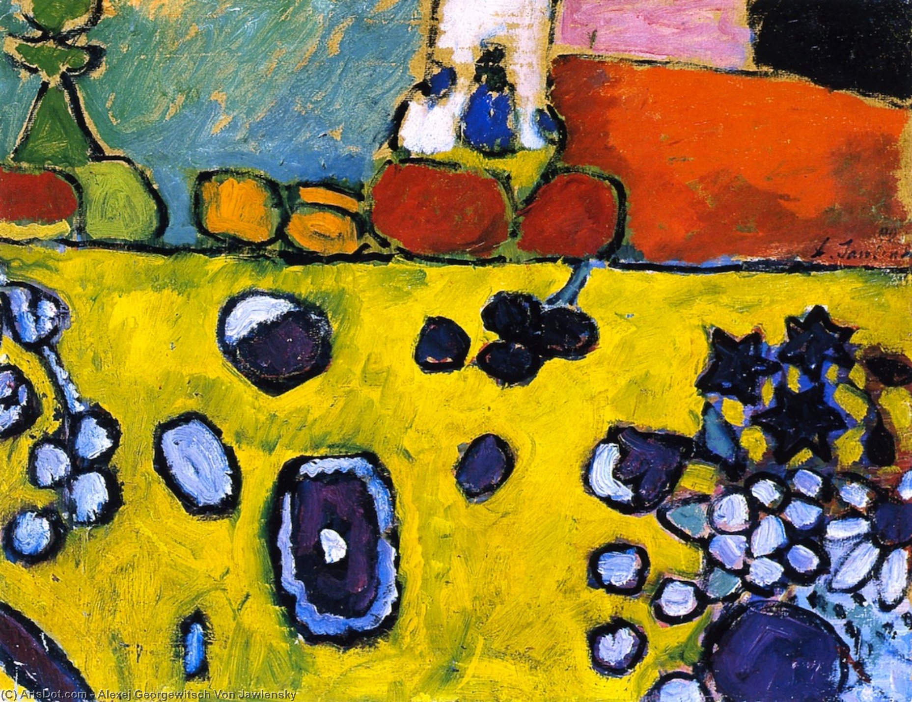 WikiOO.org - Εγκυκλοπαίδεια Καλών Τεχνών - Ζωγραφική, έργα τέχνης Alexej Georgewitsch Von Jawlensky - Still LIfe with Colored Tablecloth