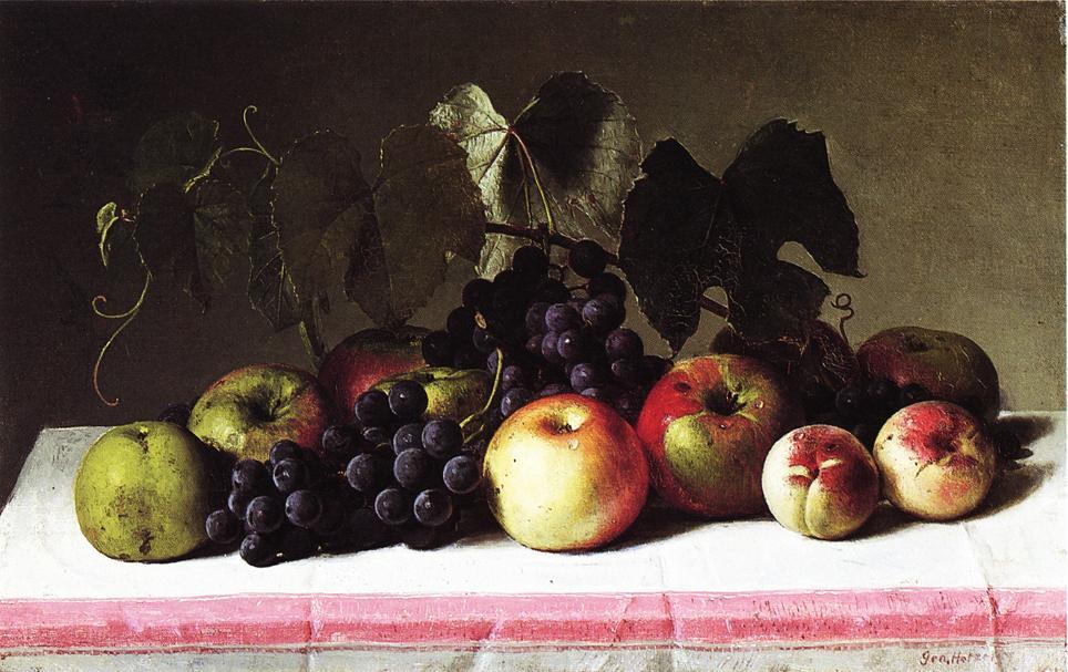 WikiOO.org - Εγκυκλοπαίδεια Καλών Τεχνών - Ζωγραφική, έργα τέχνης George Hetzel - Still Life with Concord Grapes and Apples