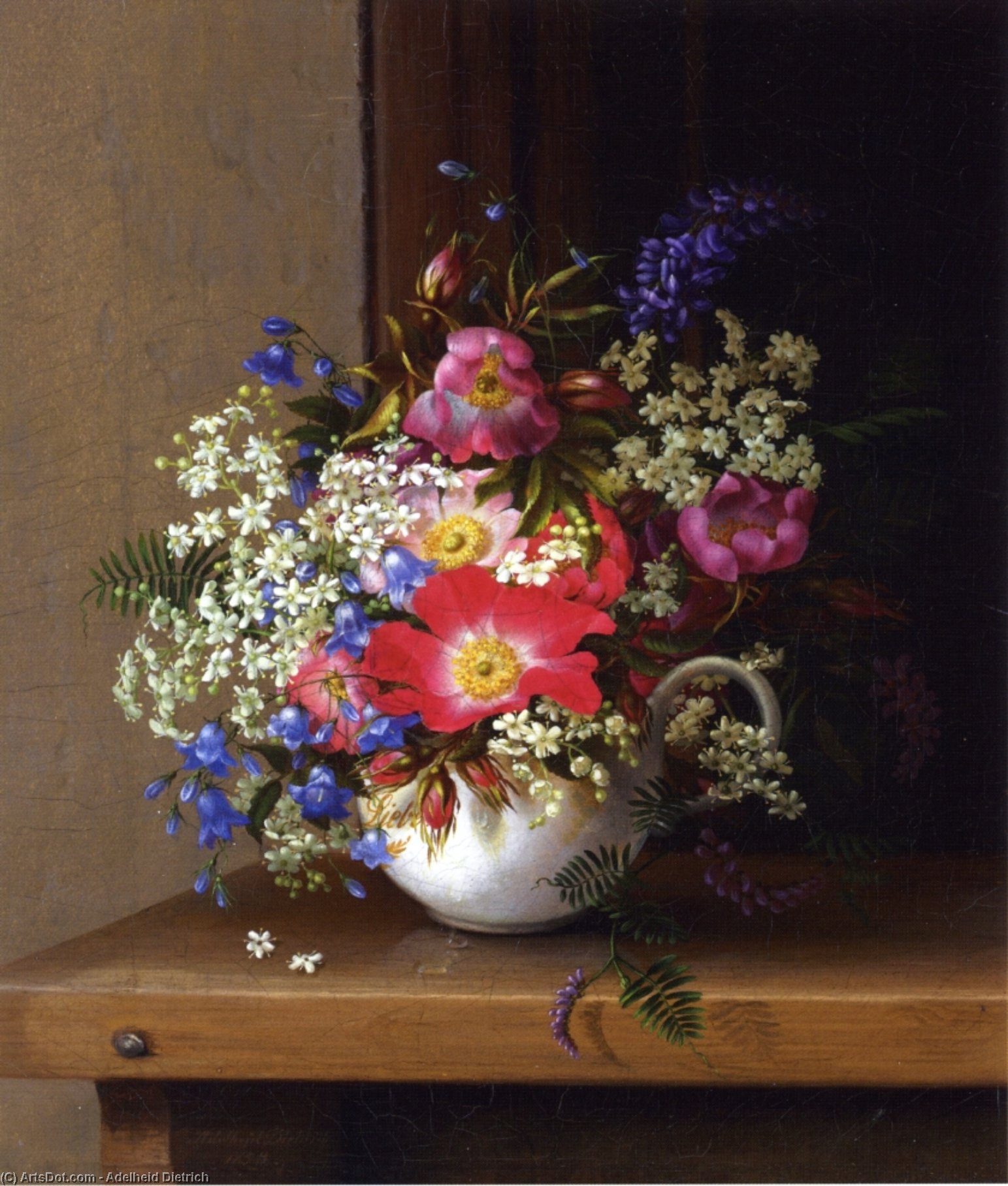 Wikioo.org - The Encyclopedia of Fine Arts - Painting, Artwork by Adelheid Dietrich - Still Life with Dog Roses, Larkspur and Bell Flowers in a White Cup