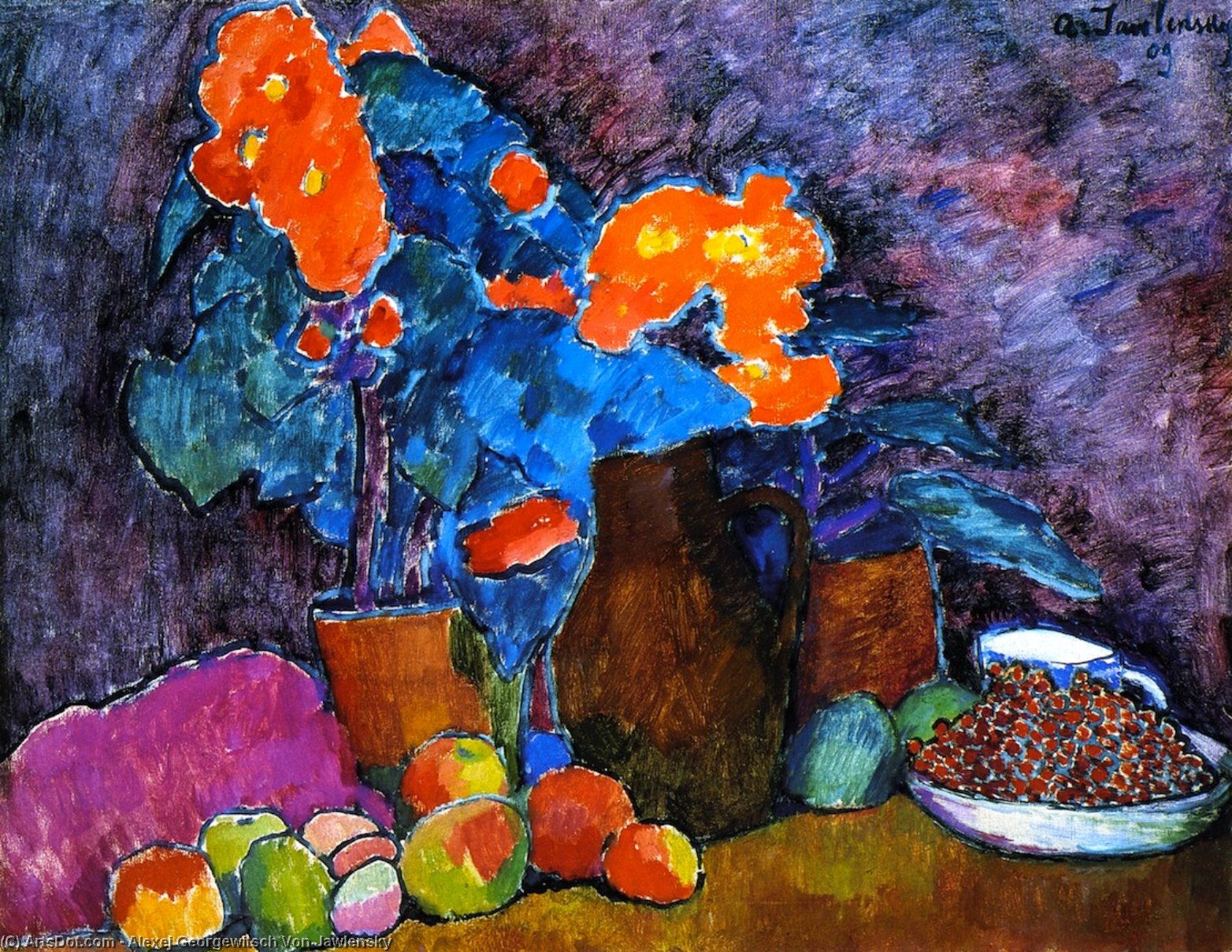 Wikioo.org - The Encyclopedia of Fine Arts - Painting, Artwork by Alexej Georgewitsch Von Jawlensky - Still LIfe with Flowers, Fruit and Bottle