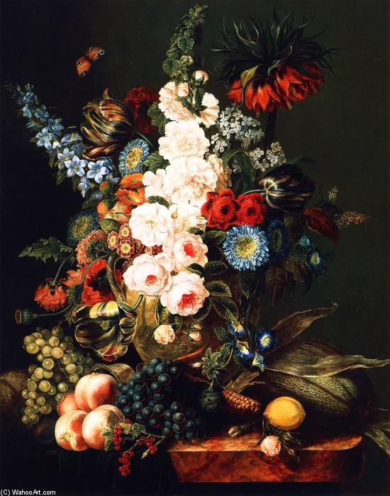 Wikioo.org - The Encyclopedia of Fine Arts - Painting, Artwork by Cornelius David Krieghoff - Still Life with Flowers, Fruit and Corn