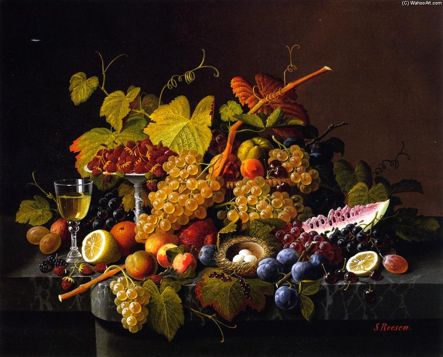 Wikioo.org - The Encyclopedia of Fine Arts - Painting, Artwork by Severin Roesen - Still LIfe with Fruit and Bird's Nest
