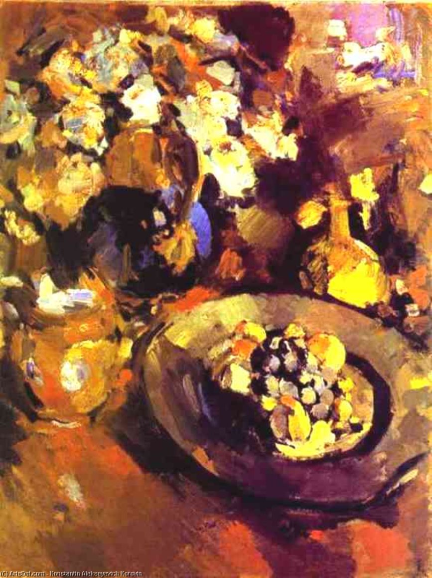 Wikioo.org - The Encyclopedia of Fine Arts - Painting, Artwork by Konstantin Alekseyevich Korovin - Still Life with Fruit and Bottle