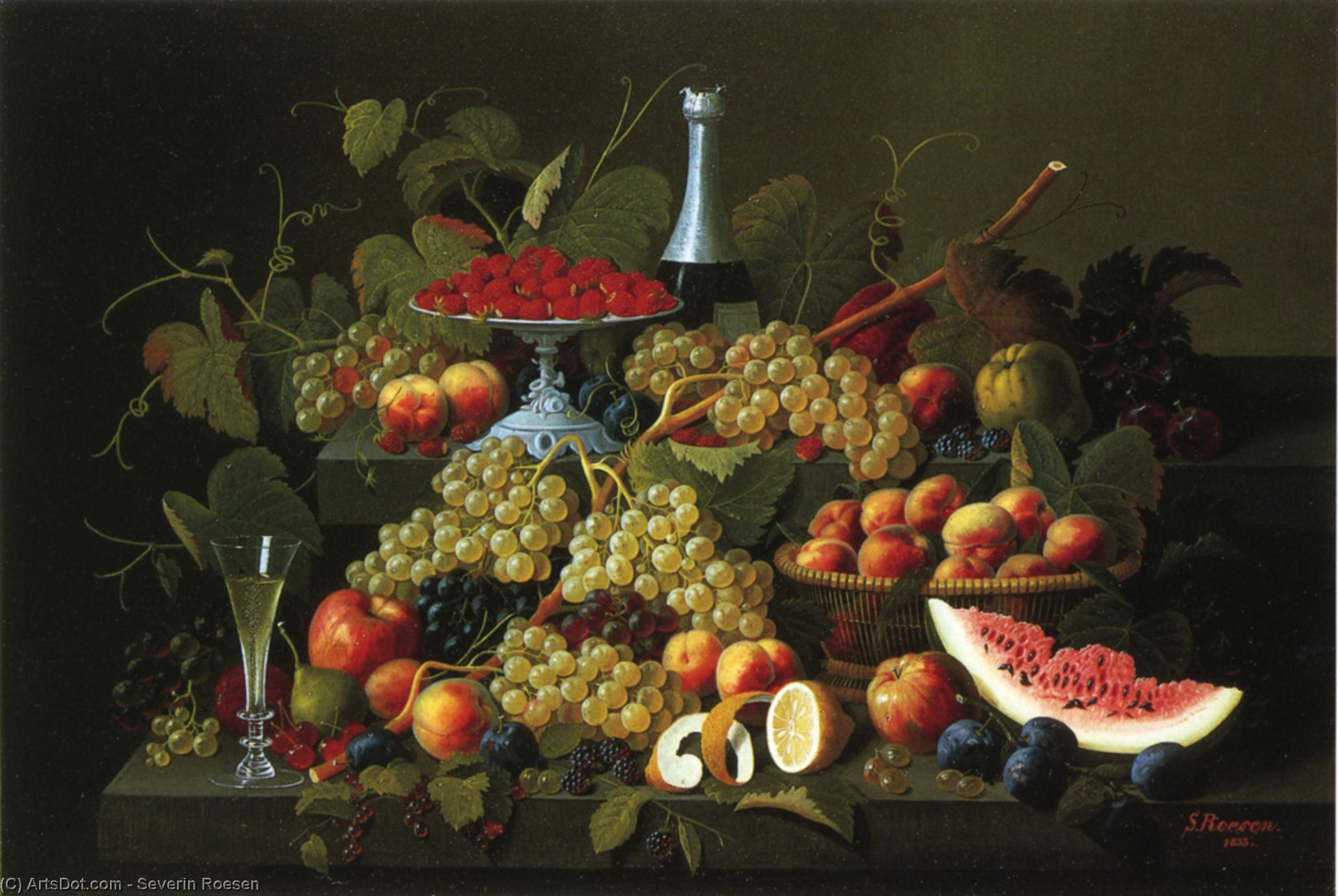 Wikioo.org - The Encyclopedia of Fine Arts - Painting, Artwork by Severin Roesen - Still Life with Fruit and Champagne