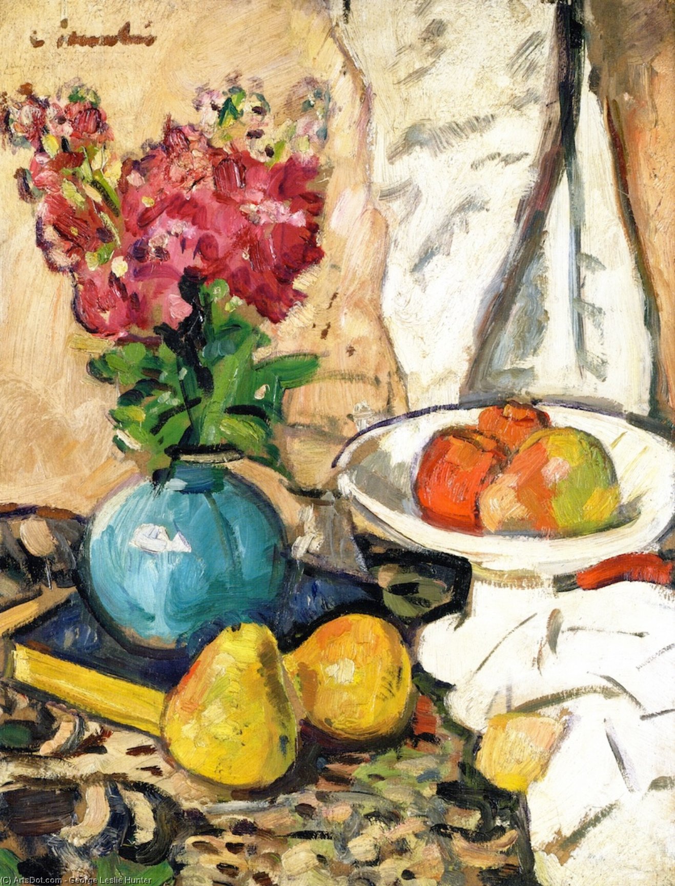 Wikioo.org - The Encyclopedia of Fine Arts - Painting, Artwork by George Leslie Hunter - Still Life with Fruit and Flowers in a Green Vase