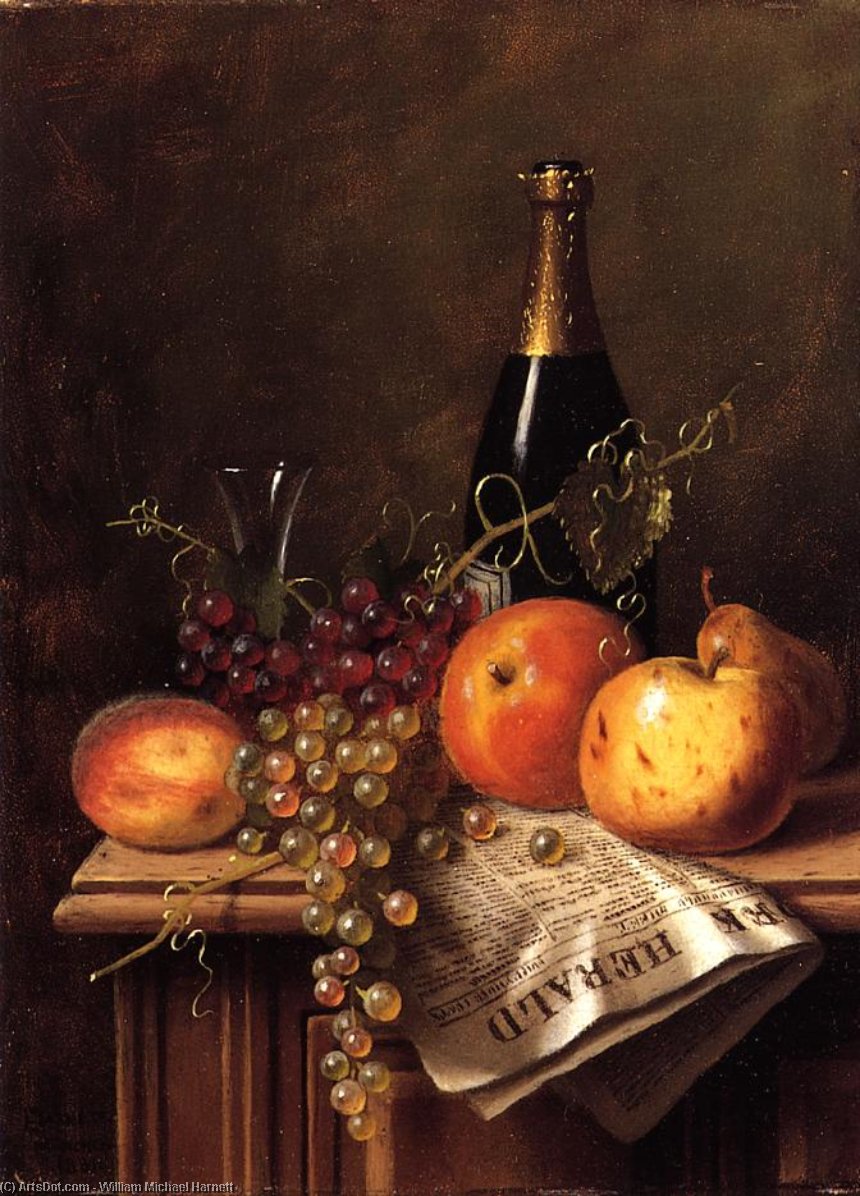 Wikioo.org - The Encyclopedia of Fine Arts - Painting, Artwork by William Michael Harnett - Still Life with Fruit, Champagne Bottle and Newspaper
