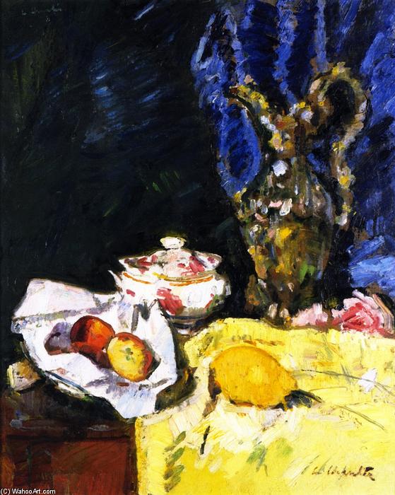 Wikioo.org - The Encyclopedia of Fine Arts - Painting, Artwork by George Leslie Hunter - Still Life with Fruit, a Ewer and an Ecuelle on a Yellow Drape