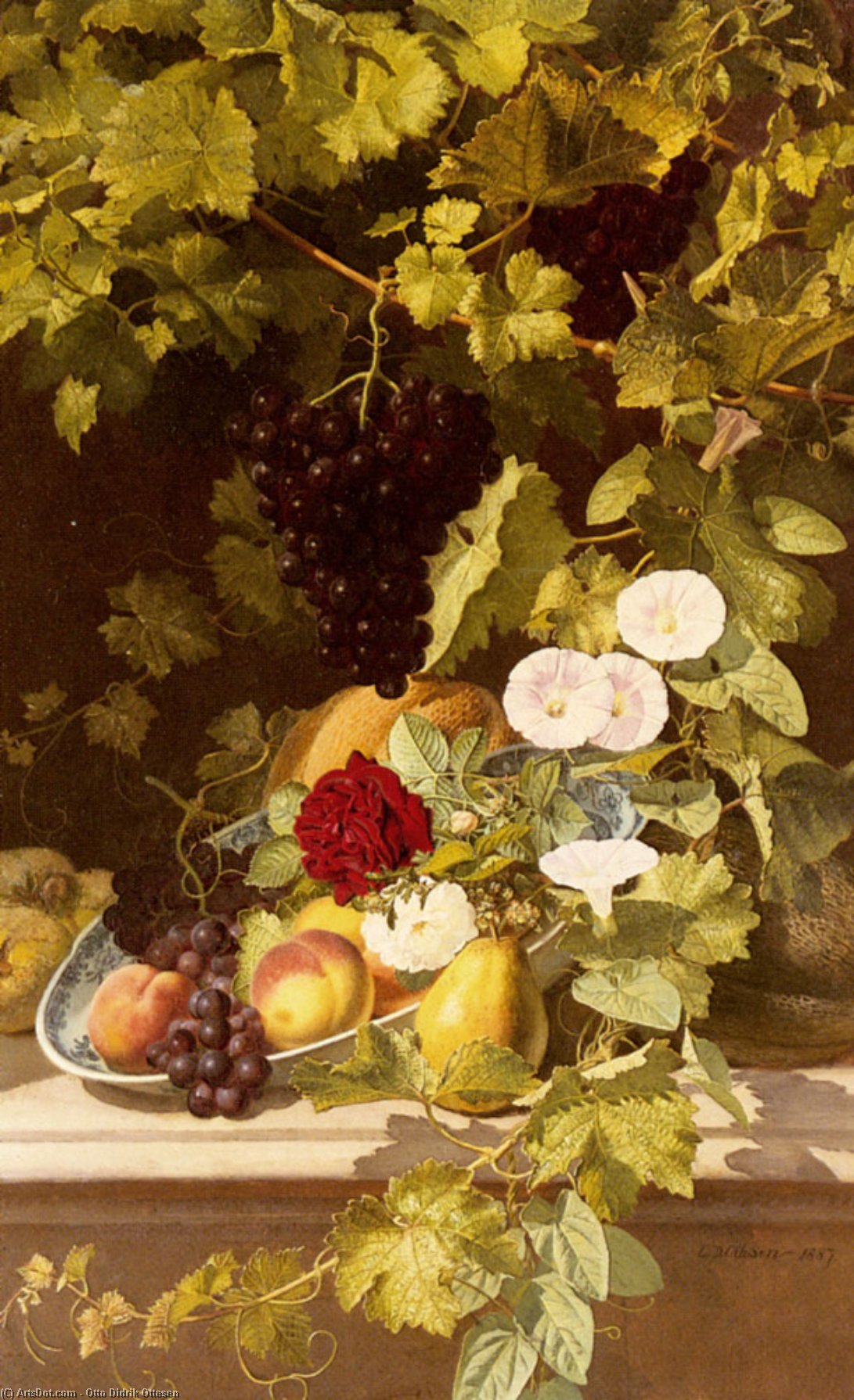 Wikioo.org - The Encyclopedia of Fine Arts - Painting, Artwork by Otto Didrik Ottesen - A Still Life With Fruit Flowers And A Vine