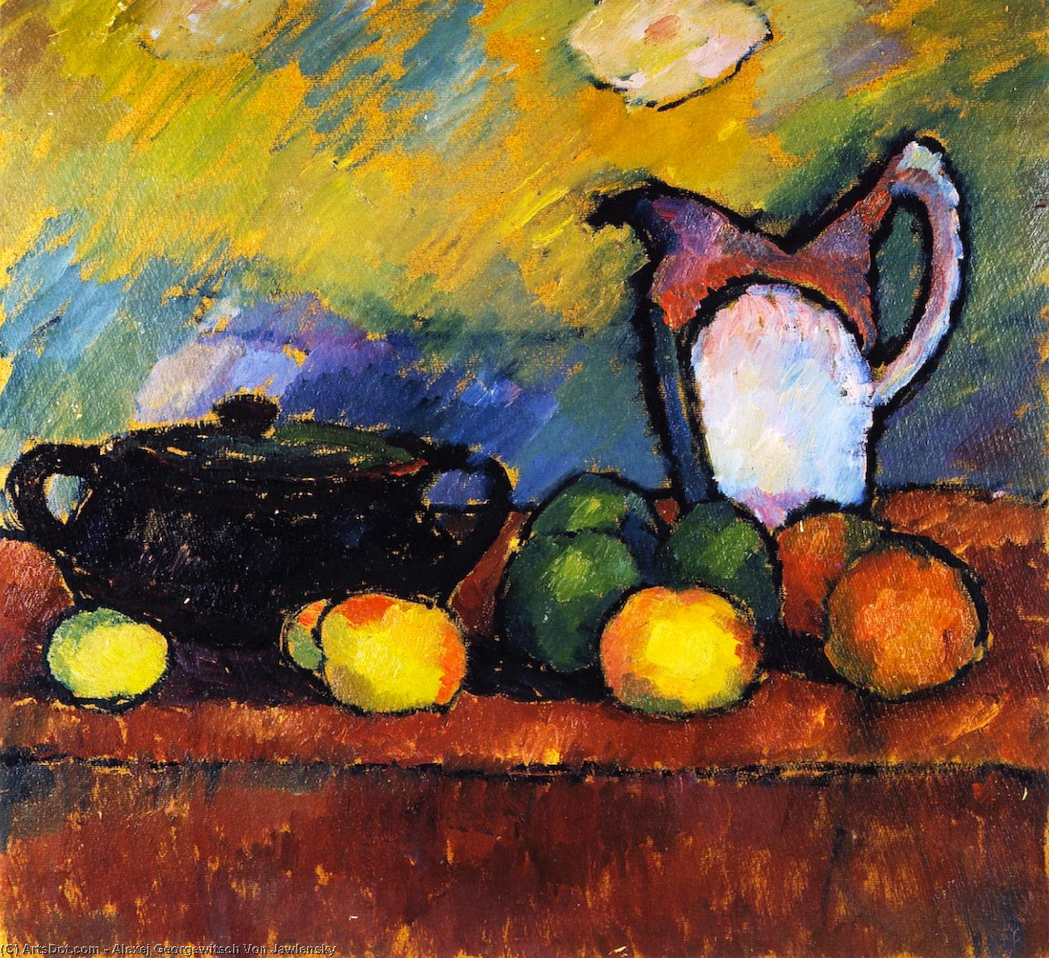 Wikioo.org - The Encyclopedia of Fine Arts - Painting, Artwork by Alexej Georgewitsch Von Jawlensky - Still LIfe with Fruit, Jug and Red Cloth