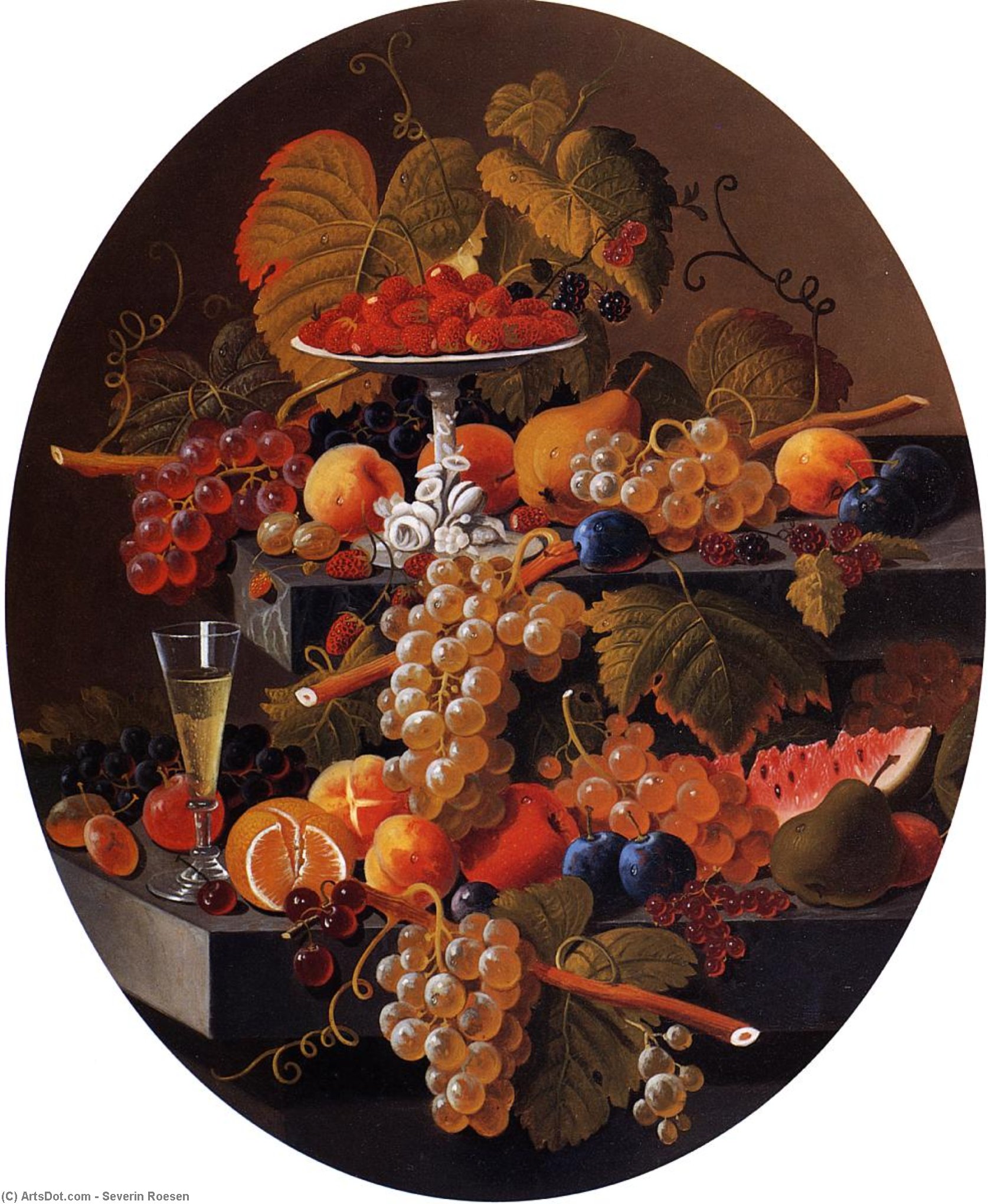 Wikioo.org - The Encyclopedia of Fine Arts - Painting, Artwork by Severin Roesen - Still Life with Fruit on a Ledge