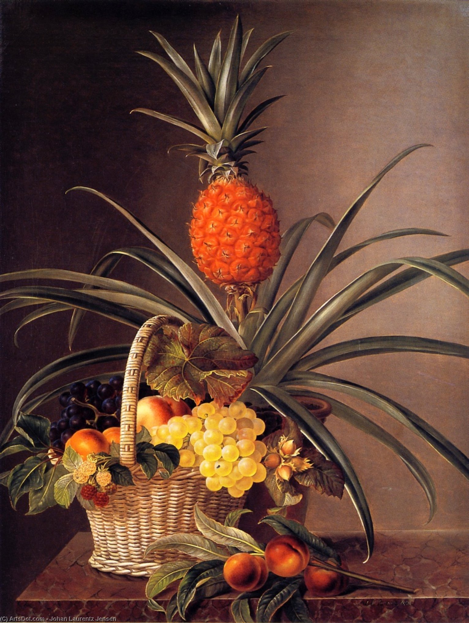 Wikioo.org – La Enciclopedia de las Bellas Artes - Pintura, Obras de arte de Johan Laurentz Jensen - bodegón con frutas asícomo  piña