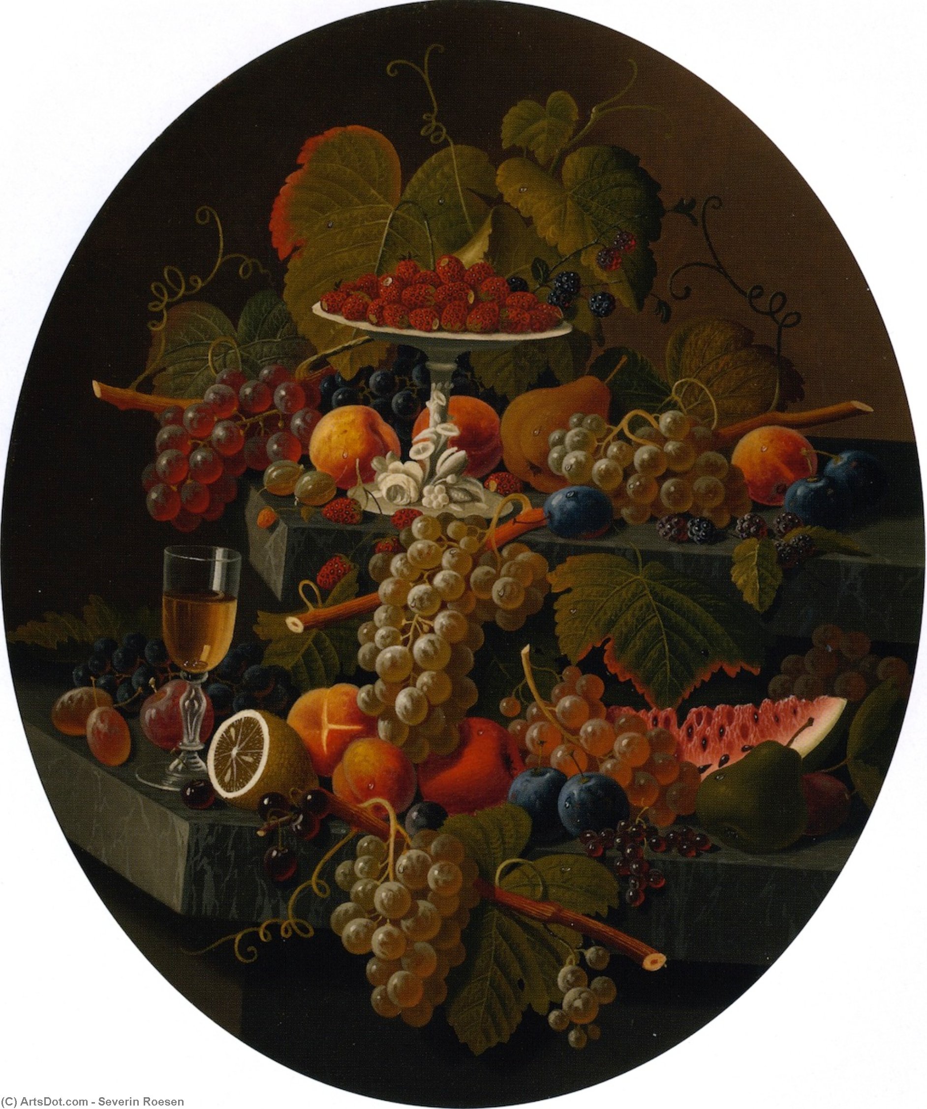 Wikioo.org - The Encyclopedia of Fine Arts - Painting, Artwork by Severin Roesen - Still LIfe with Fruit, Two Tiers