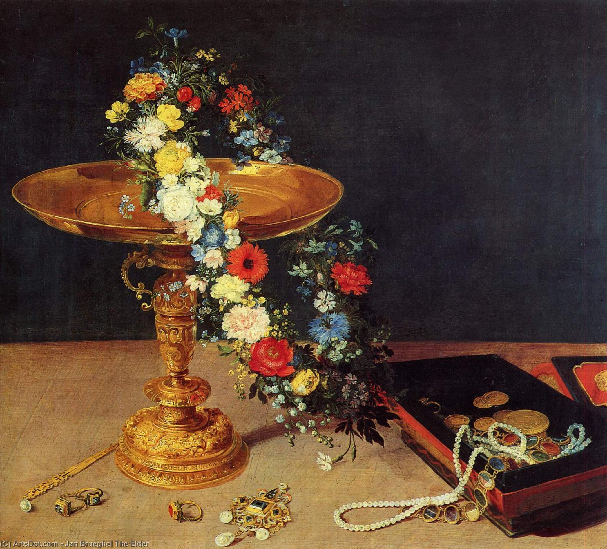 Wikioo.org – L'Enciclopedia delle Belle Arti - Pittura, Opere di Jan Brueghel The Elder - ancora la vita con Ghirlanda e d'oro Tazza