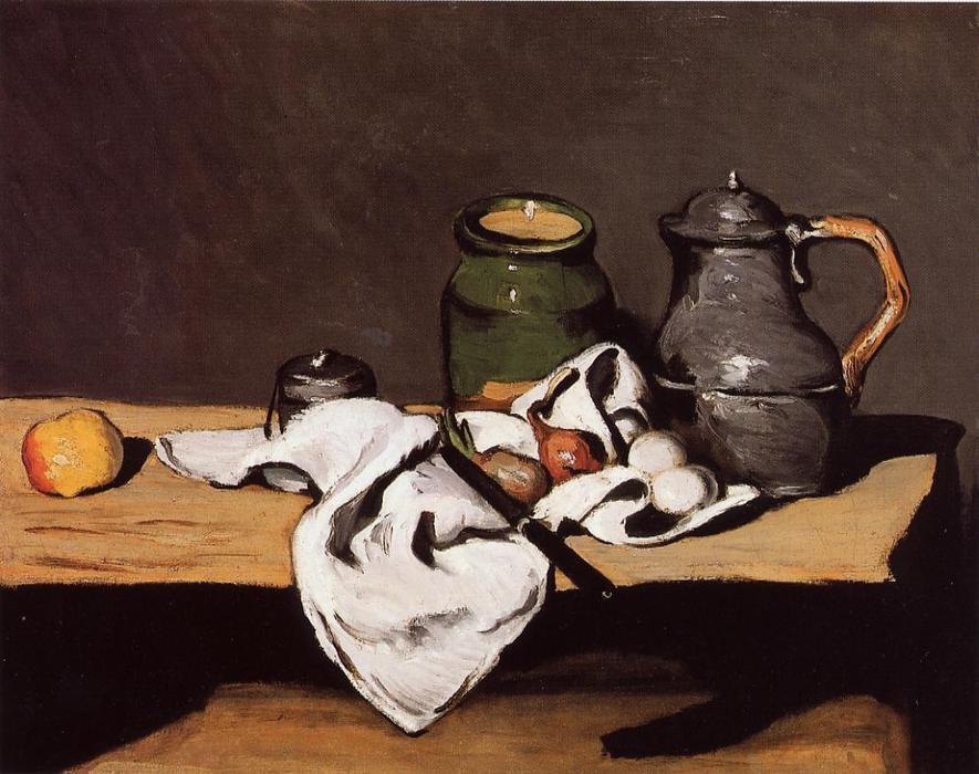 Wikioo.org - สารานุกรมวิจิตรศิลป์ - จิตรกรรม Paul Cezanne - Still Life with Green Pot and Pewter Jug