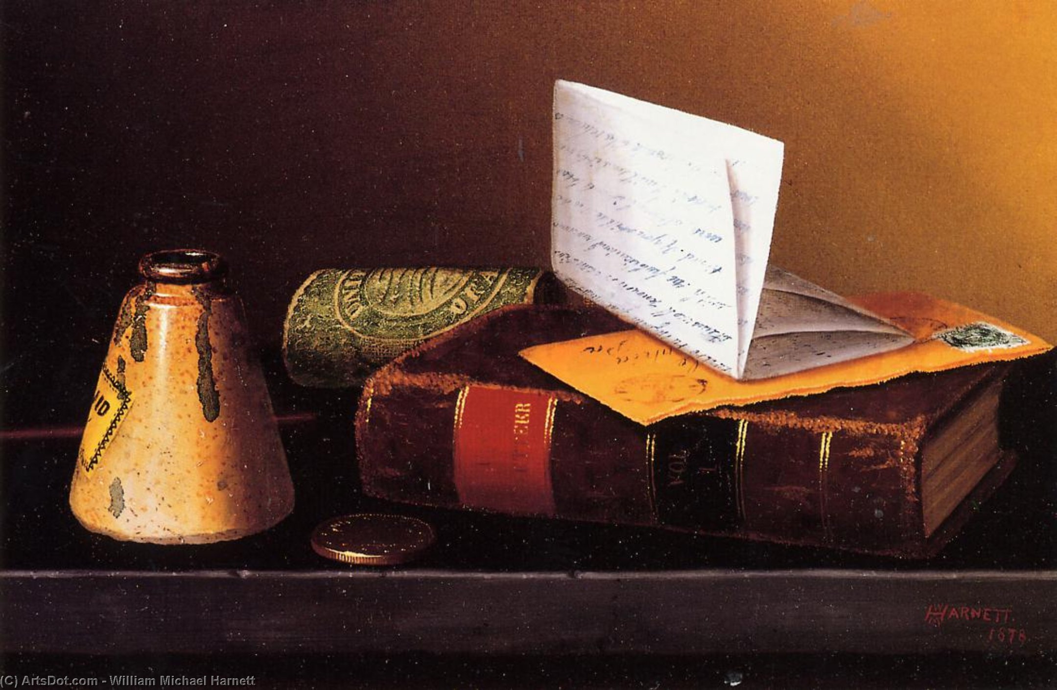 Wikioo.org - The Encyclopedia of Fine Arts - Painting, Artwork by William Michael Harnett - Still Life with Ink Bottle, Book and Letter (also known as Still Life with Universal Gazetteer)