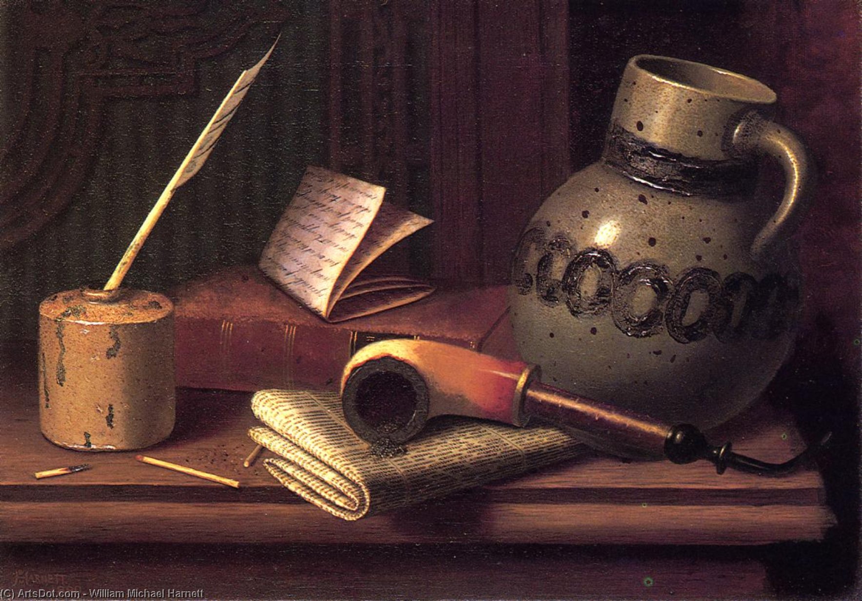 Wikioo.org – L'Enciclopedia delle Belle Arti - Pittura, Opere di William Michael Harnett - natura morta con inkwell , Libro , Tubo e Gres Brocca