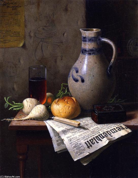 Wikioo.org - The Encyclopedia of Fine Arts - Painting, Artwork by William Michael Harnett - Still LIfe with Jug and Newspaper