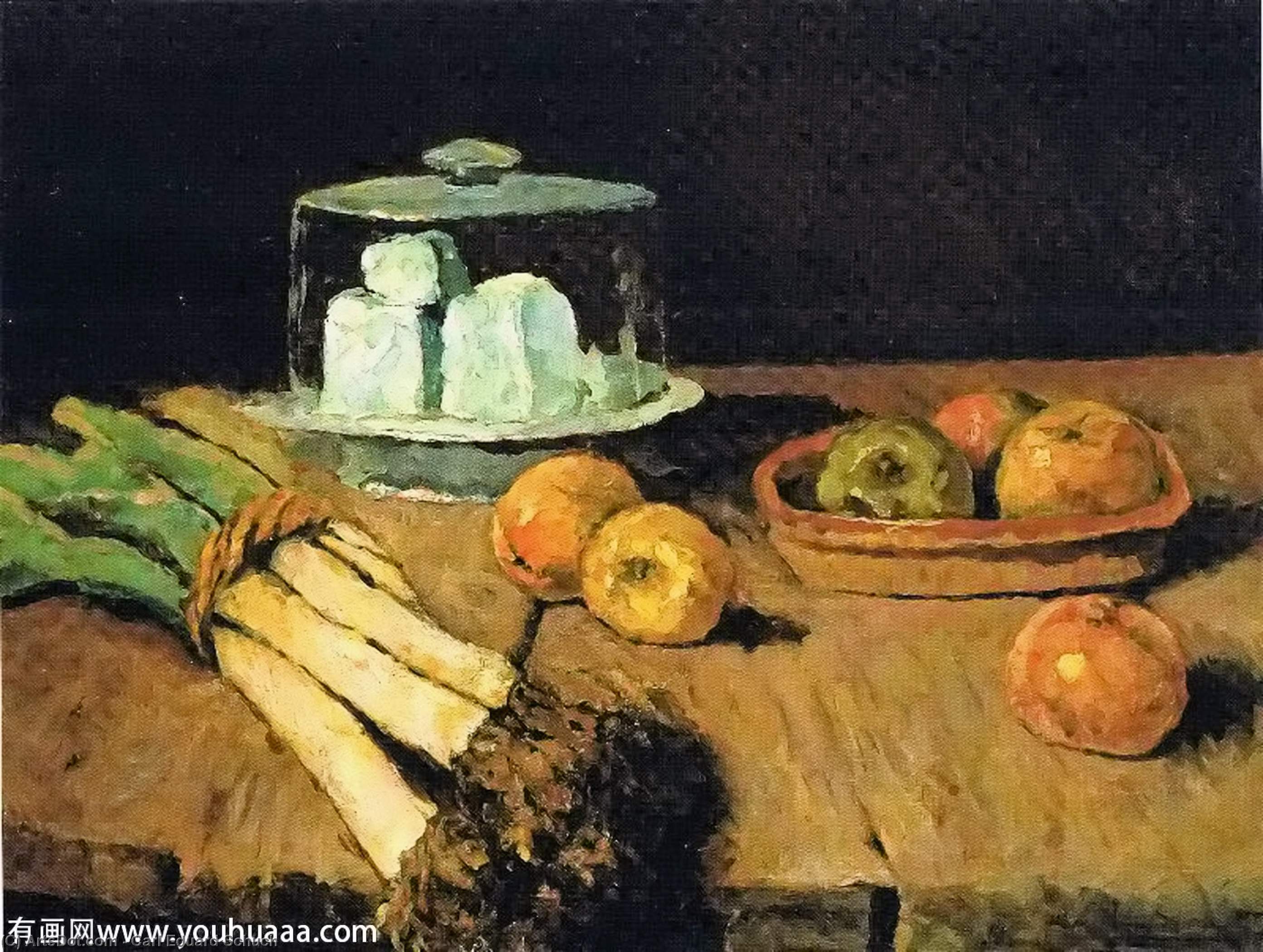 Wikioo.org - The Encyclopedia of Fine Arts - Painting, Artwork by Carl Eduard Schuch - Still Life with leeks bunch, apples and cheese