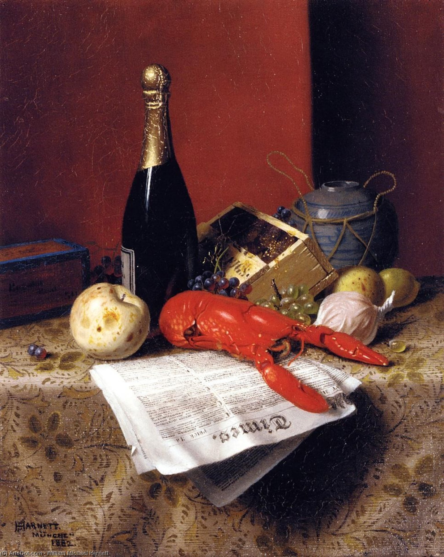 Wikioo.org - The Encyclopedia of Fine Arts - Painting, Artwork by William Michael Harnett - Still Life with Lobster, Fruit, Champagne and Newspaper