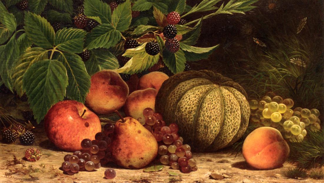 Wikioo.org - The Encyclopedia of Fine Arts - Painting, Artwork by William Mason Brown - Still Life with Melon, Grapes, Peaches, Pears and Black Raspberries