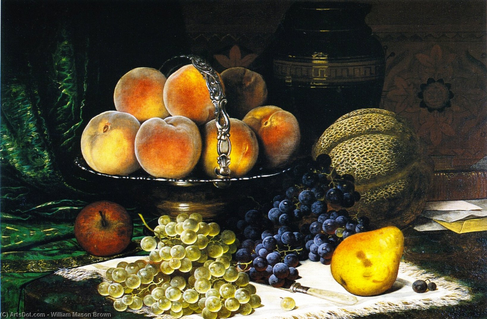 Wikioo.org - The Encyclopedia of Fine Arts - Painting, Artwork by William Mason Brown - Still LIfe with Melon, Peaches, Books and Letrers