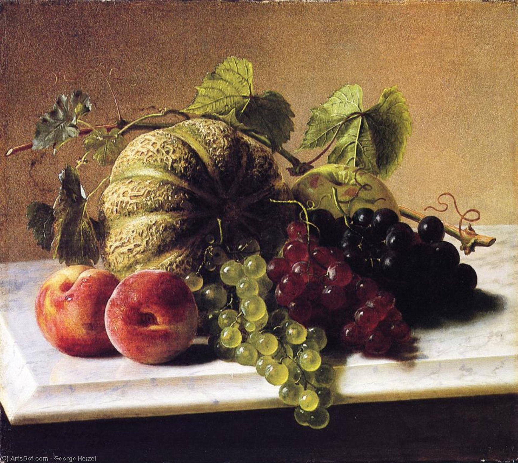 WikiOO.org - Εγκυκλοπαίδεια Καλών Τεχνών - Ζωγραφική, έργα τέχνης George Hetzel - Still Life with Melons, Grapes
