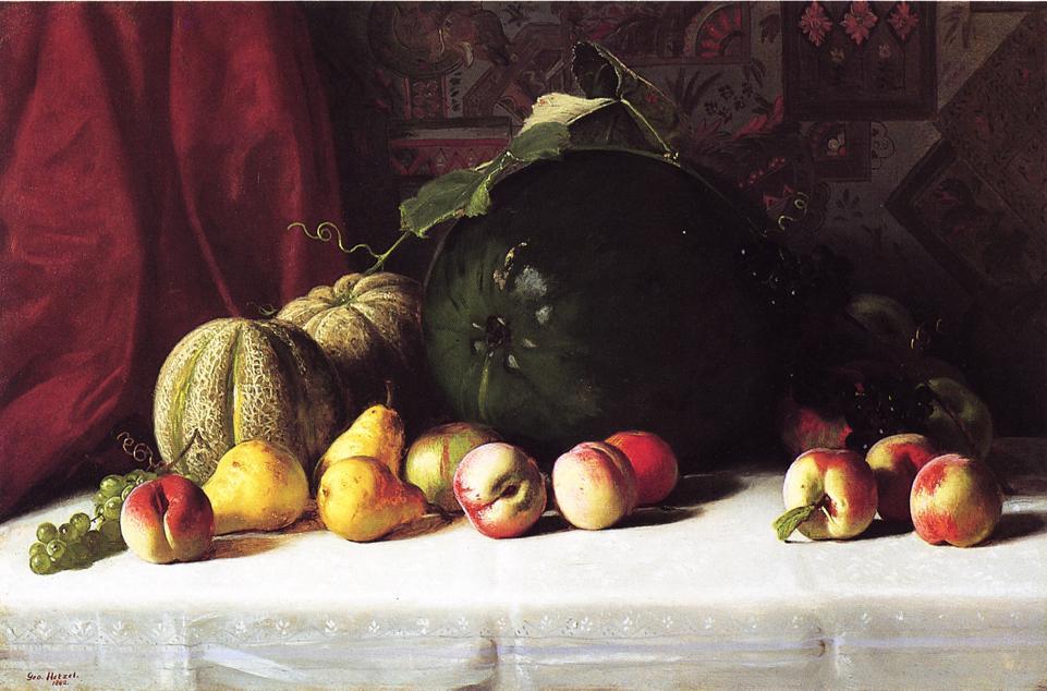 Wikioo.org – La Enciclopedia de las Bellas Artes - Pintura, Obras de arte de George Hetzel - bodegón con melones  Peras  asícomo  manzanas