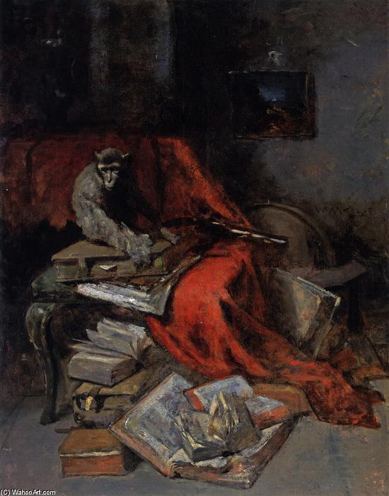 WikiOO.org - Encyclopedia of Fine Arts - Maľba, Artwork William Merritt Chase - Still Life with Monkey (also known as Monkeying with Literature)