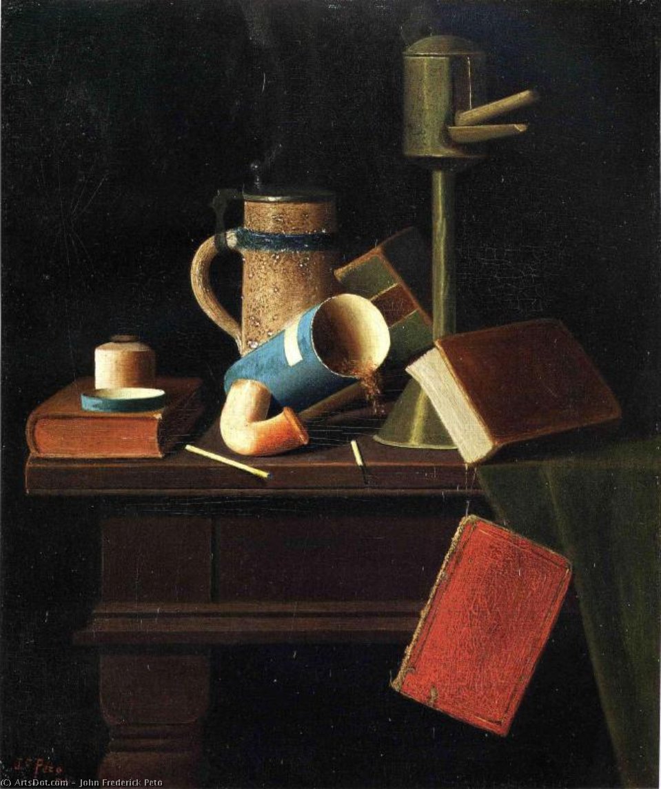 Wikioo.org - The Encyclopedia of Fine Arts - Painting, Artwork by John Frederick Peto - Still Life with Mug, Pipe and Books