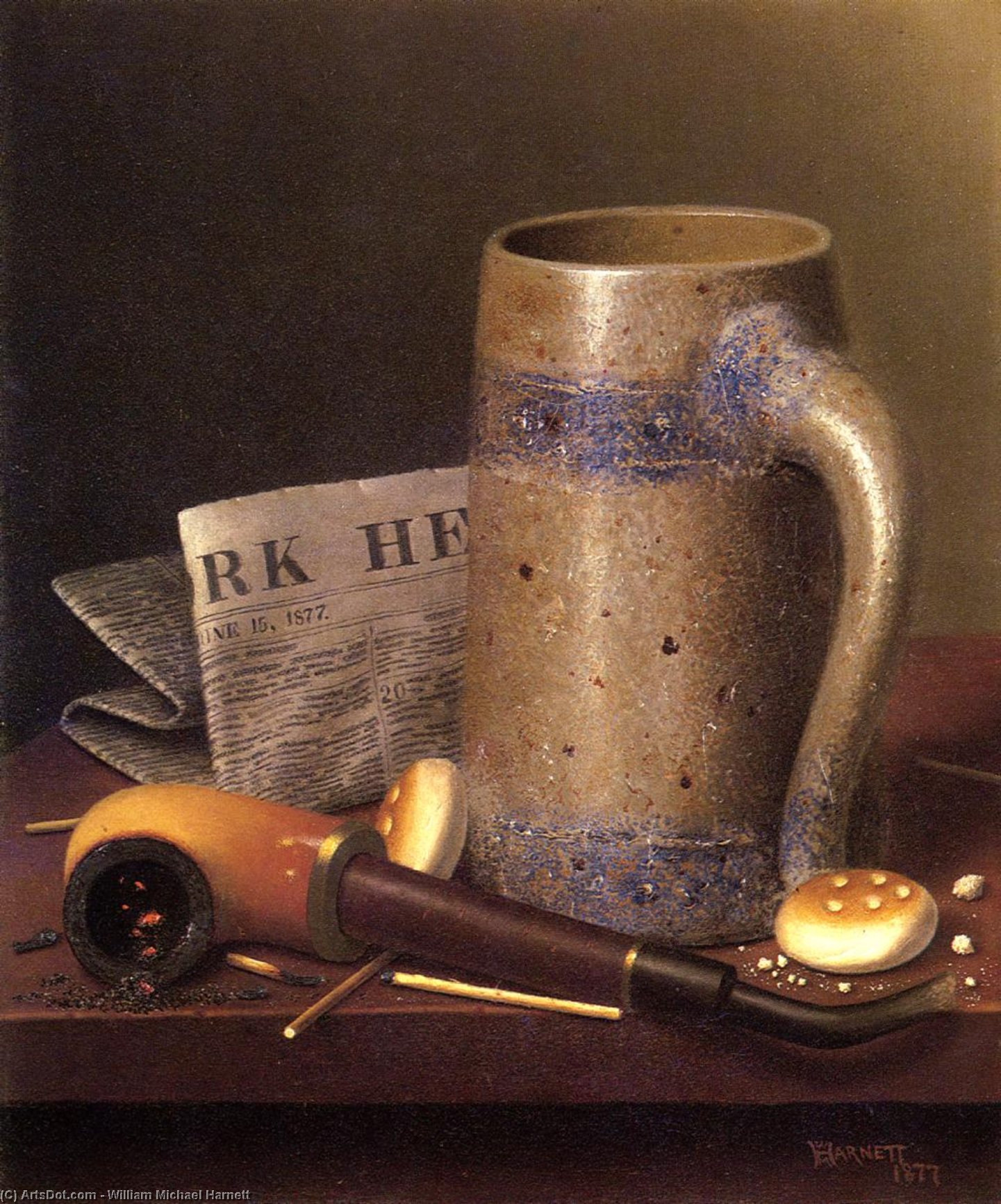 Wikioo.org - The Encyclopedia of Fine Arts - Painting, Artwork by William Michael Harnett - Still Life with Mug, Pipe and New York Herald