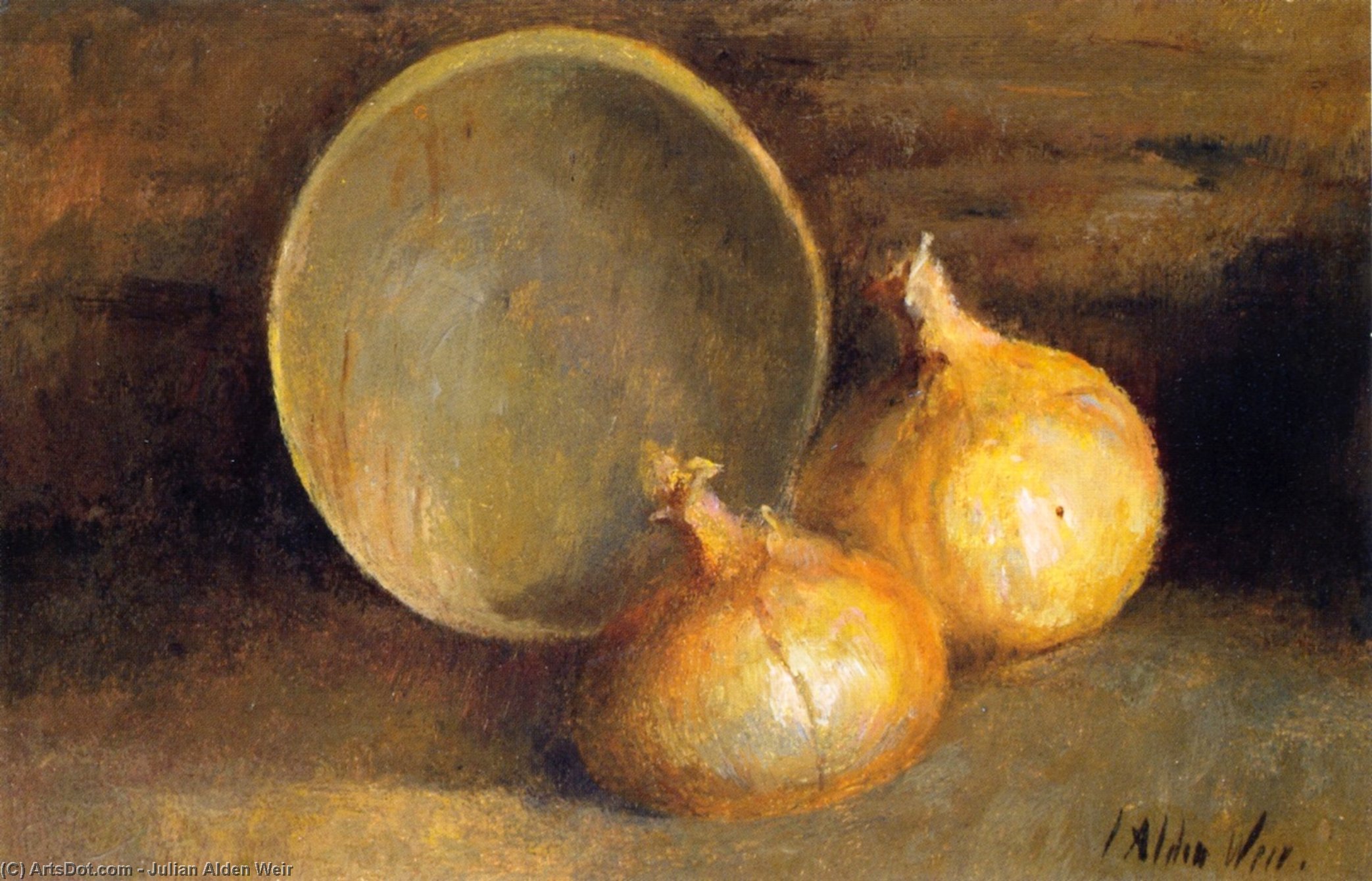 Wikioo.org – La Enciclopedia de las Bellas Artes - Pintura, Obras de arte de Julian Alden Weir - vida inmóvil con cebollas asícomo  fuente