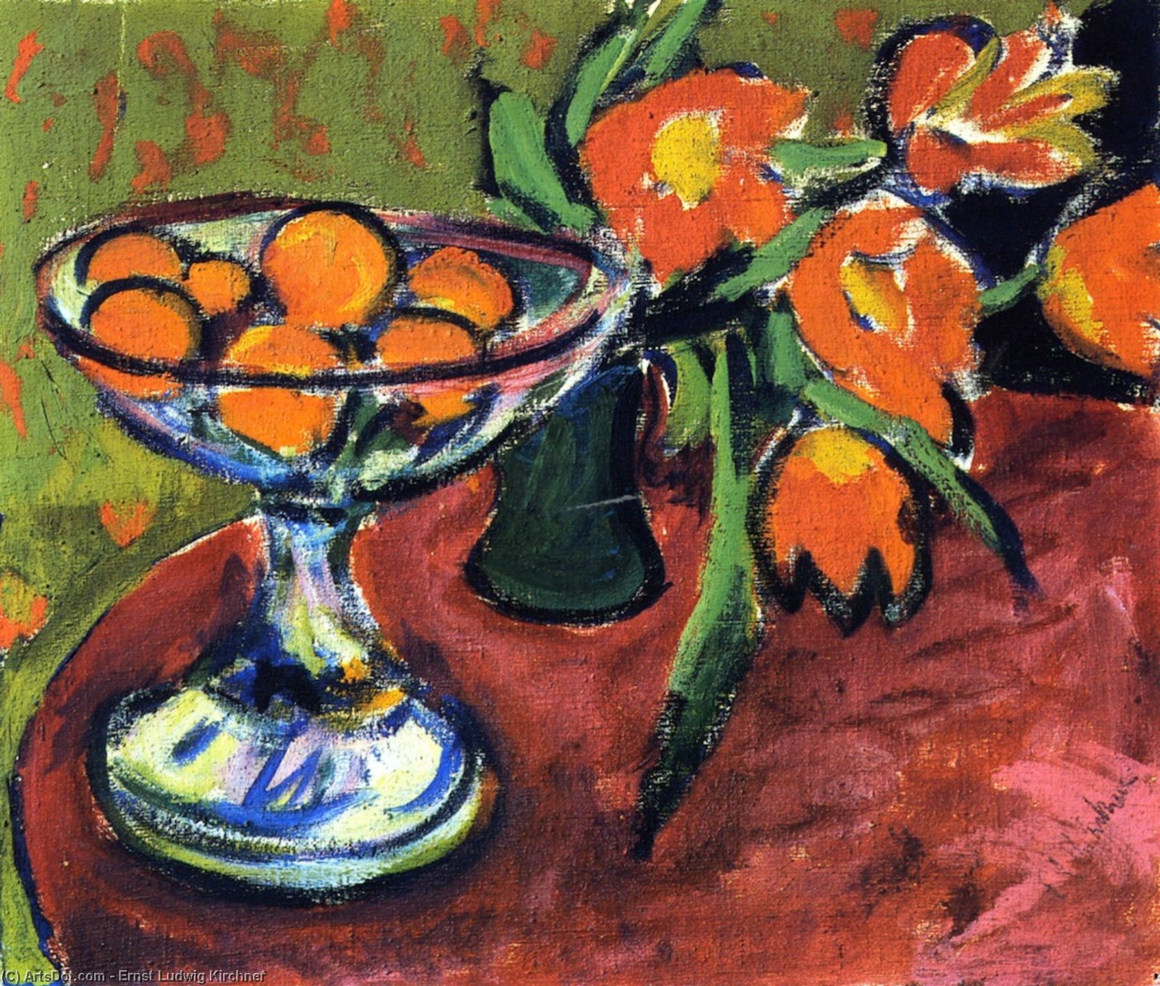 Wikioo.org – La Enciclopedia de las Bellas Artes - Pintura, Obras de arte de Ernst Ludwig Kirchner - Bodegón con Naranjas asícomo  Tulipanes