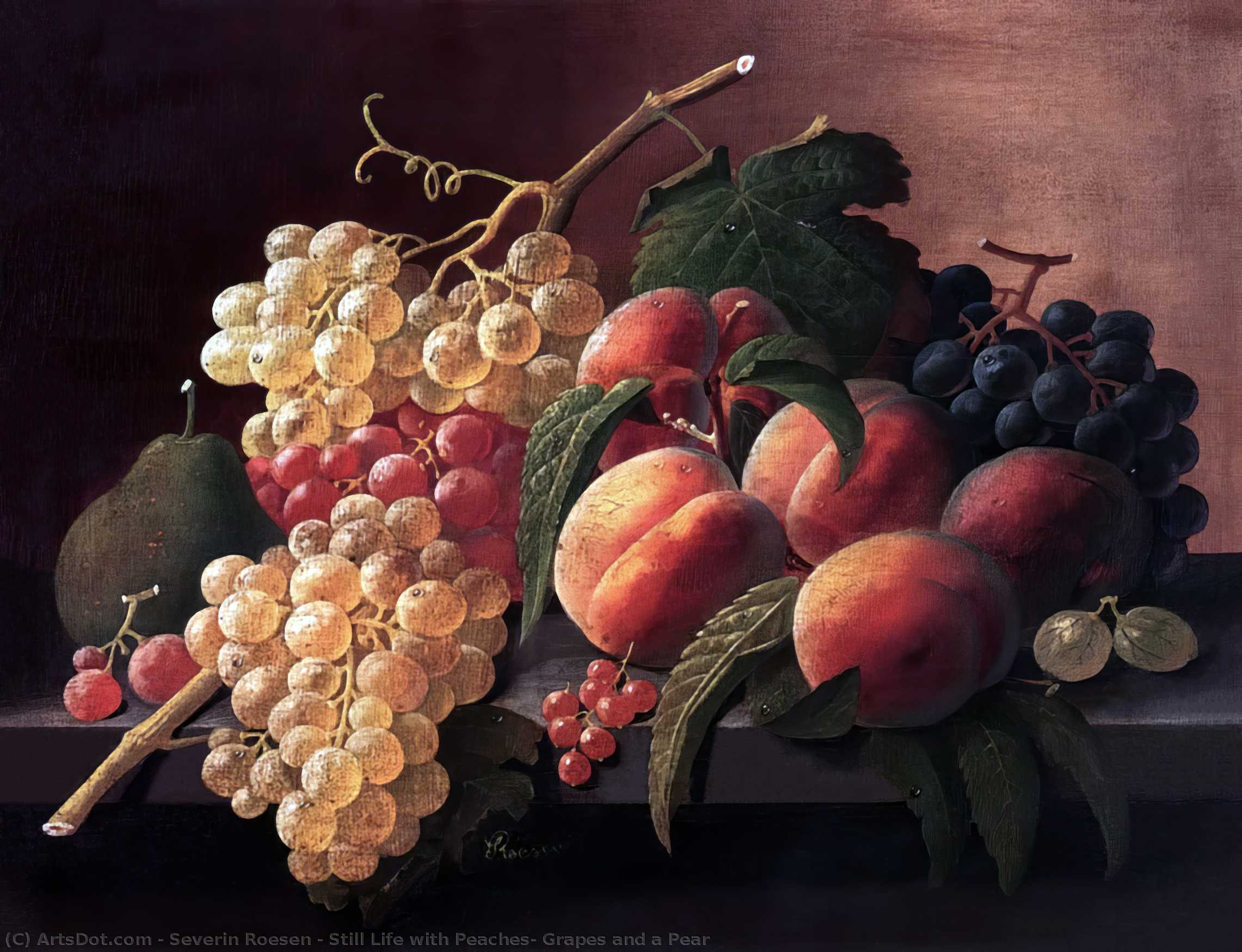 Wikioo.org - The Encyclopedia of Fine Arts - Painting, Artwork by Severin Roesen - Still Life with Peaches, Grapes and a Pear