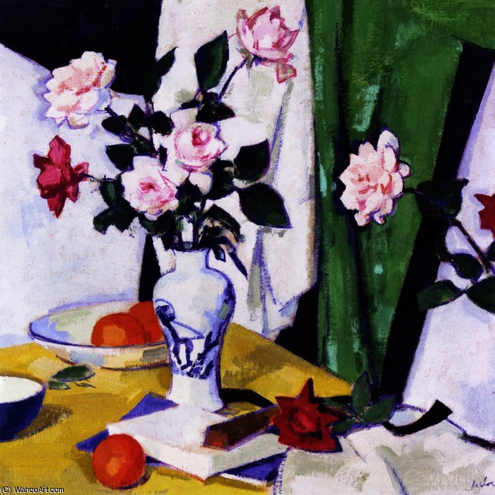 Wikioo.org - The Encyclopedia of Fine Arts - Painting, Artwork by Samuel John Peploe - Still LIfe with Pink and Red Roses in a Chinese Vase