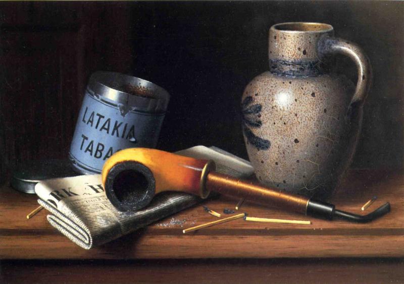 Wikioo.org – La Enciclopedia de las Bellas Artes - Pintura, Obras de arte de William Michael Harnett - Naturaleza muerta con pipa asícomo tabaco