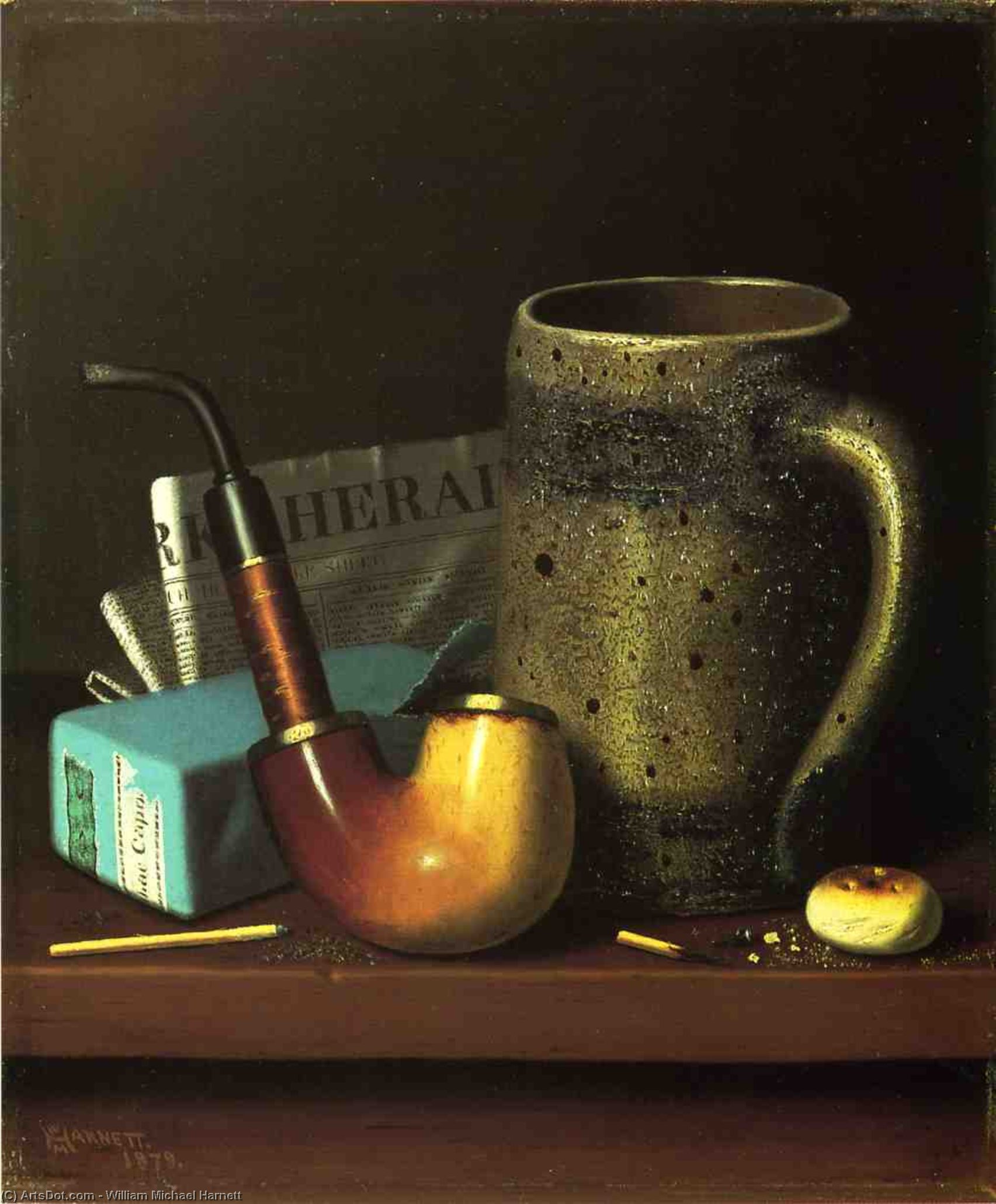Wikioo.org - The Encyclopedia of Fine Arts - Painting, Artwork by William Michael Harnett - Still Life with Pipe, Mug and Newspaper