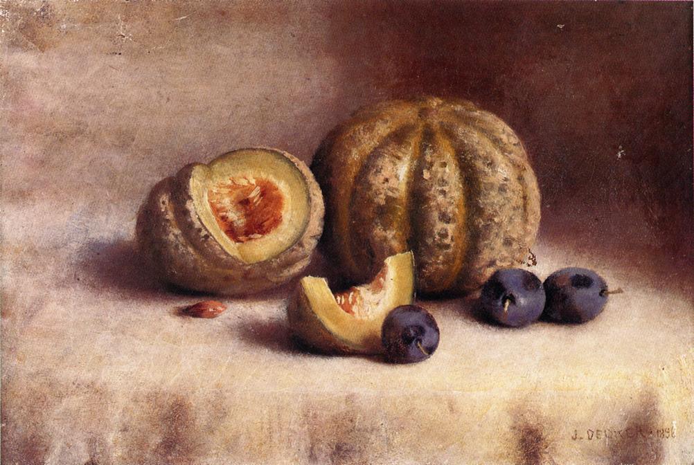 Wikioo.org - Encyklopedia Sztuk Pięknych - Malarstwo, Grafika Joseph Decker - Still Life with Plums and Melons