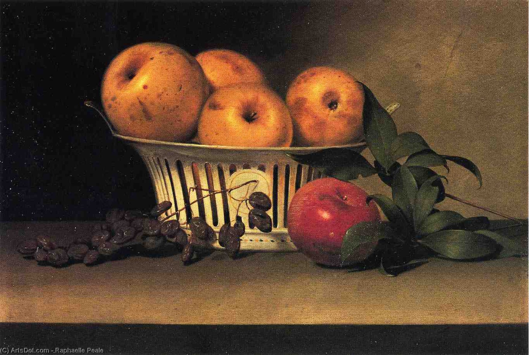 Wikioo.org - The Encyclopedia of Fine Arts - Painting, Artwork by Raphaelle Peale - Still Life with Raisins, Yellow and Red Apples in Porcelain Basket