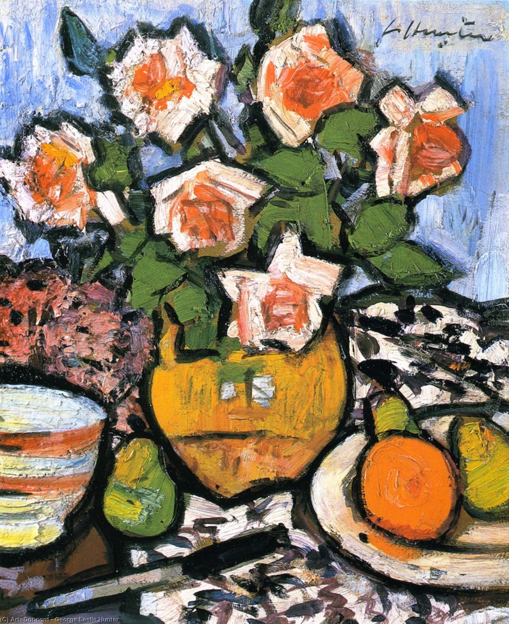 Wikioo.org - Die Enzyklopädie bildender Kunst - Malerei, Kunstwerk von George Leslie Hunter - stillleben mit rosen Frucht  und  Messer