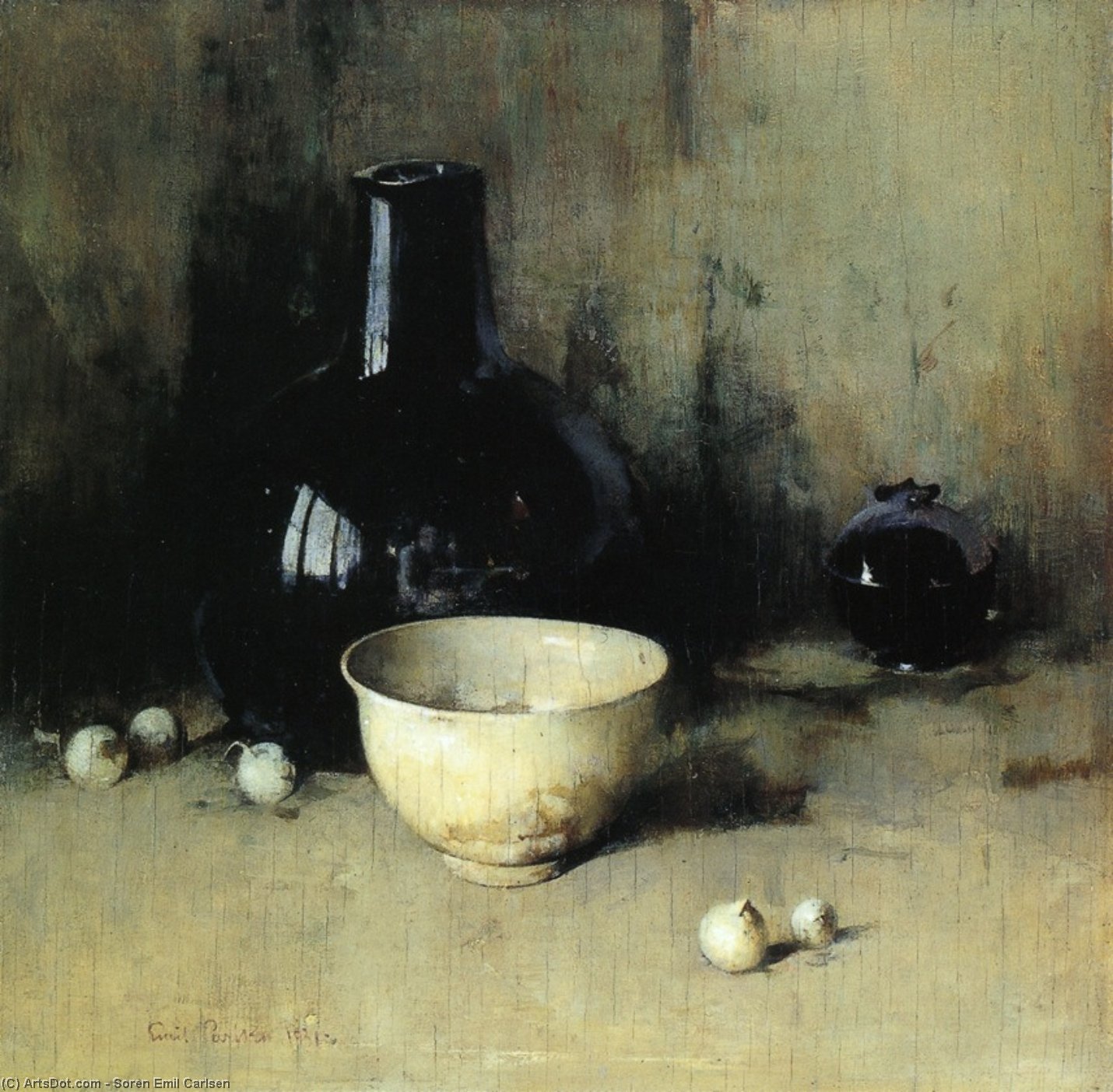 Wikioo.org - The Encyclopedia of Fine Arts - Painting, Artwork by Soren Emil Carlsen - Still Life with Self-Portrait Reflection